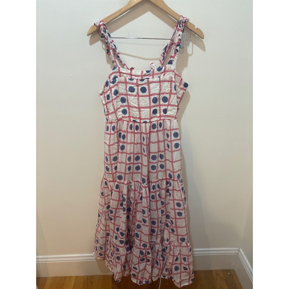 Oliphant Womens Red Blue Polka Dot Grid Cotton Tiered Smocked‎ Midi Dress Large